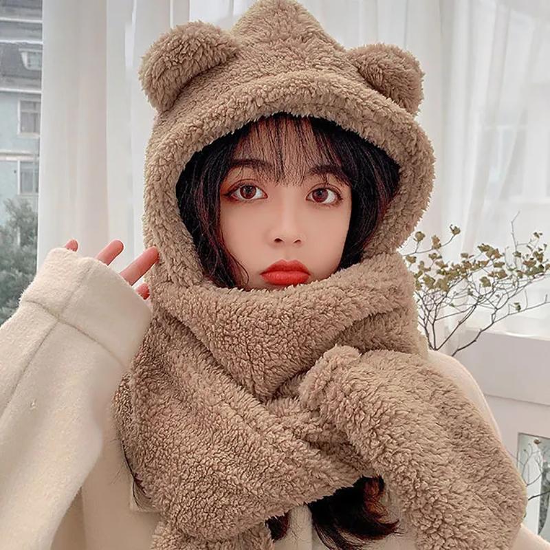 Winter Warm Scarf Women Girl Bear Ear Cut Hooded Hats Pockets Goloves Scarves All In One Cashmere Soft Shawls Female Fur Warm Winter Scarf