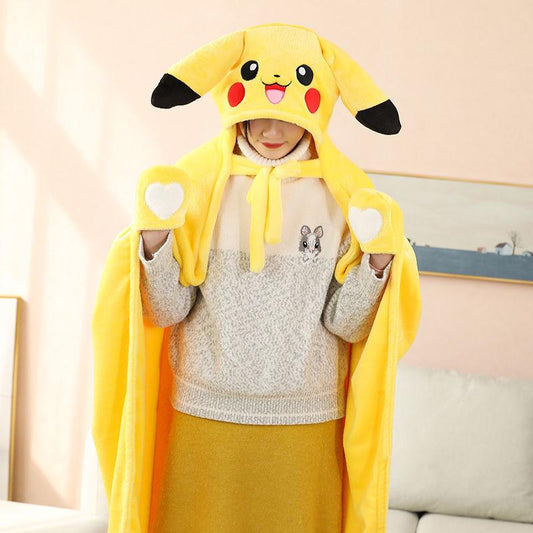 Cartoon Lazy Nap Blanket Shawl Cloak Cloak Office Air Conditioning Blanket Coral Fleece Cover Leg Blanket Soft and Warm Double-sided Plus Fleece