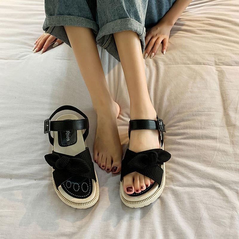 Women's Summer Flat Sandals Cute Bow Roman Thick-soled Beach Shoes Non-slip Comfortable Breathable Sandals