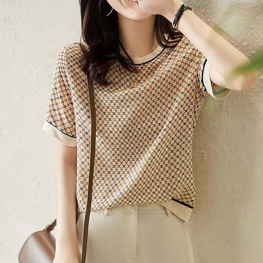 Silk Ice Silk Short-sleeved Women's Top High-end Western-style Printed Shirt Summer Ribbed Temperament All-match Trend