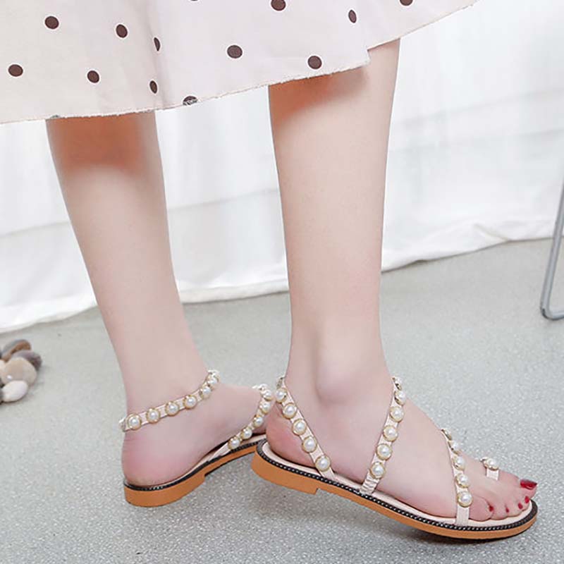 Pearl Sandals Female Summer Fairy Style Student Flat All-match Flip-flop Roman Sandals