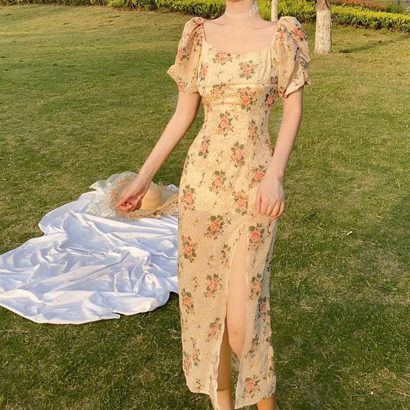 Female Vintage High Waist Super Fairy Holiday Dress Elegant Hollow Out Embroidery Split Party Dress