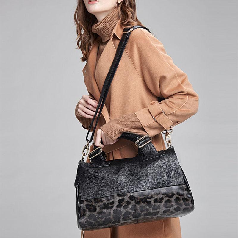 Personality Leopard Big Black Genuine Leather Top-Handle Bags Handbags Women Bags Luxury Large Capacity