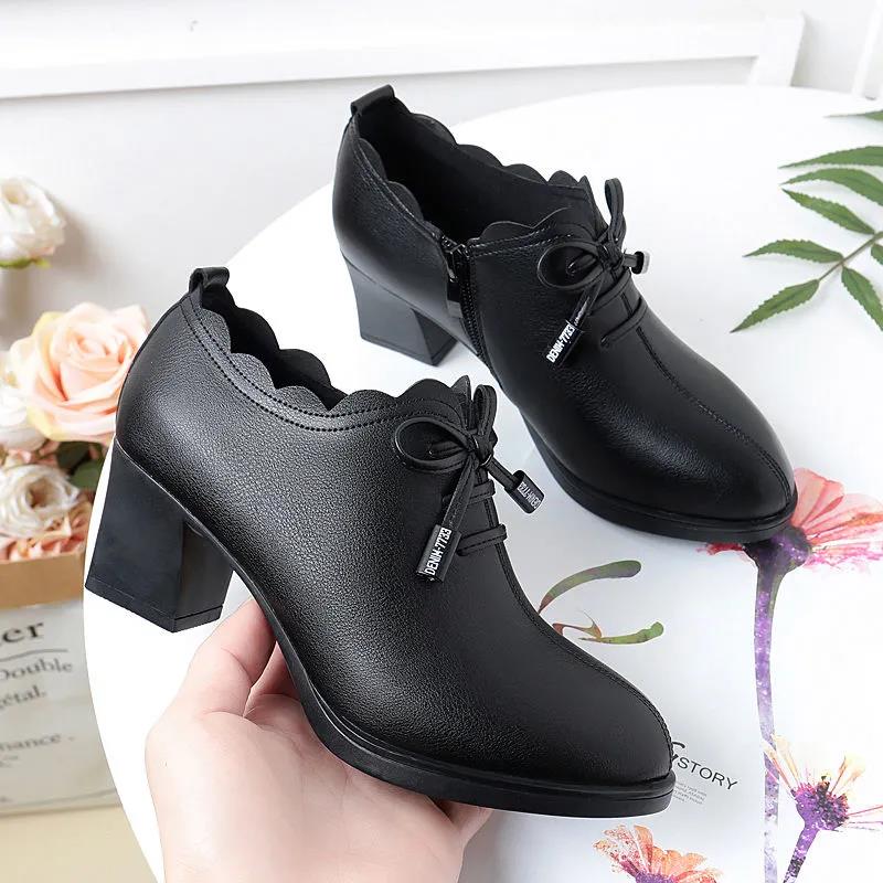 2021 Spring and Autumn New Deep-mouth Single Shoes Shoes Soft Sole Thick Heel Women's Shoes Bow Ladies Mid-heel Leather Shoes