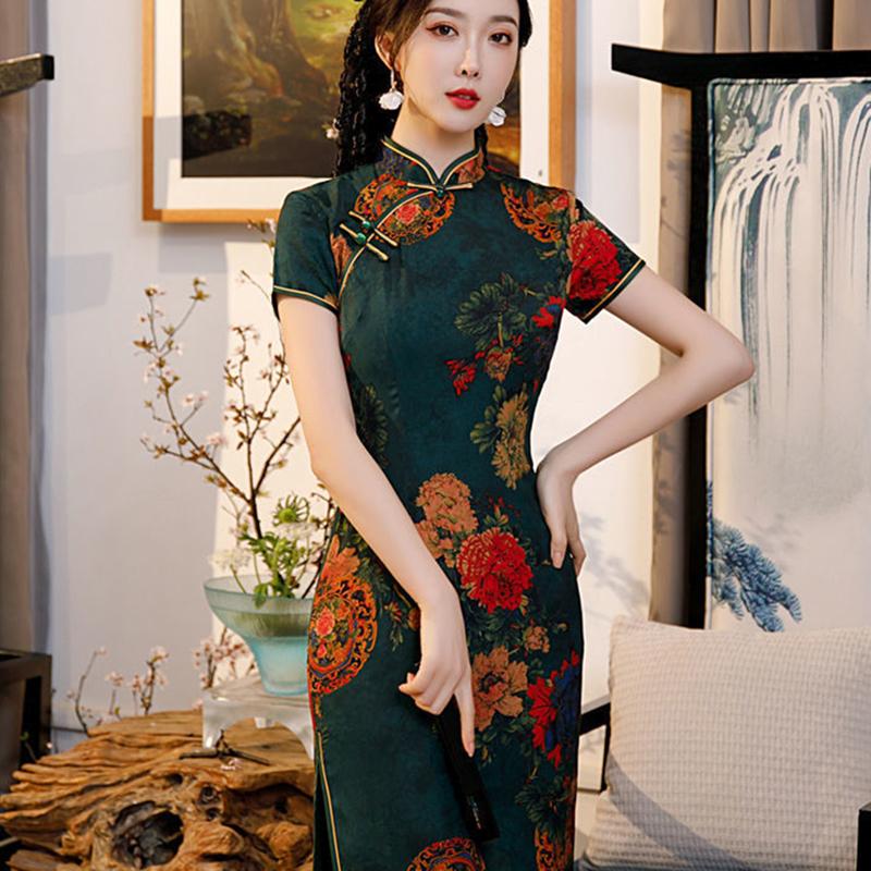 High-end Cheongsam Women's Mid-length Summer Short-sleeved Flower Luo Low Slits Retro Slim Slim Banquet Dress