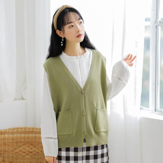 Knitted Vest Women Short Korean Version of Loose V-neck Pocket Sleeveless Wool Vest Cardigan Women Jacket Spring Autumn