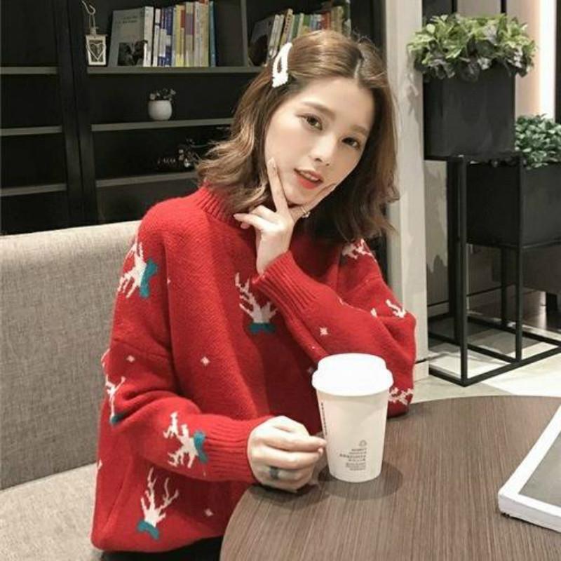 Pofulove Red Half Turtleneck Sweater Lovely Elk Christmas Loose Sweater Long-sleeved Autumn Winter