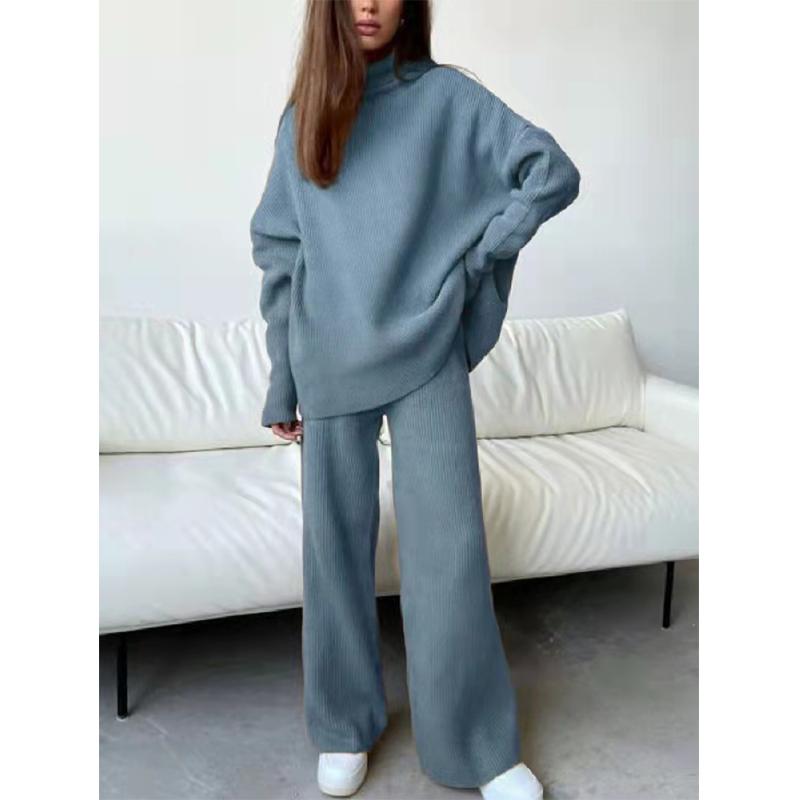 2PCS Long Sleeve Sweater Wide Leg Pants Trousers Loose Turtleneck Knit Sweater Casual Two Piece Sweater Set Solid Color Sweat Suits For Women