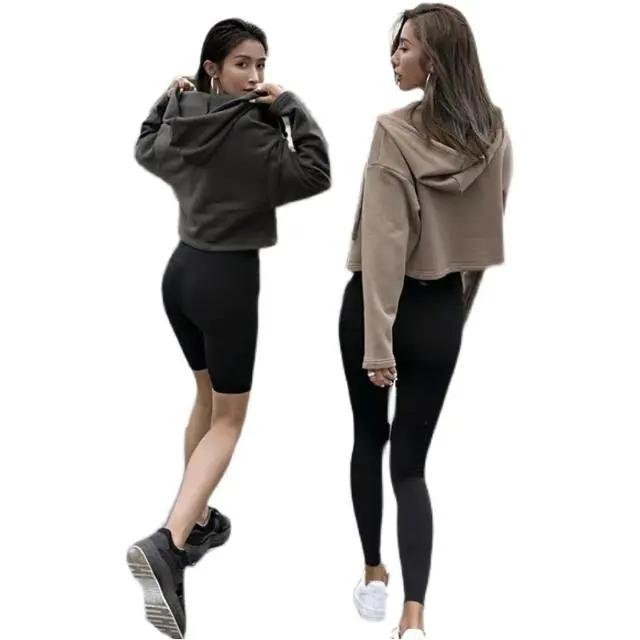 Short Navel Cardigan Zipper Hooded Sports Sweater Women's Long-sleeved Fitness Top Casual Jacket Solid Color Coat Ins Athletic Girl Clothing