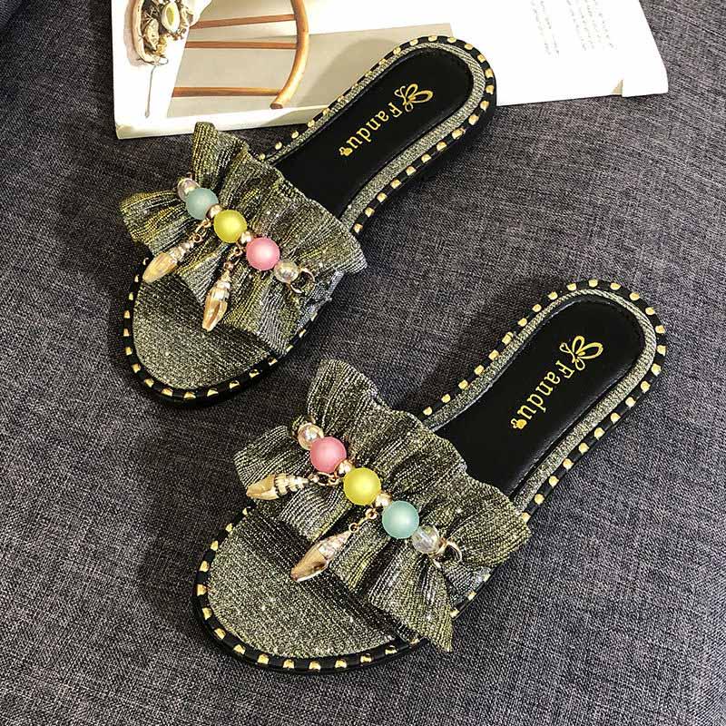 Plus Size 35-40 Summer Women Outdoor Leather Flat Bohemian Beach Wear-resistant Non-slip Office Lady Bead Sandals