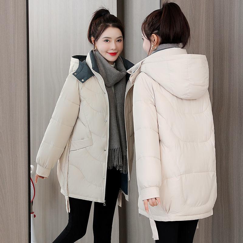 Women's Winter Korean Style Loose Quilted Jacket Women's Warm Stand-collar Down Jacket Solid Color Mid-length Down Jacket Quilted Jacket