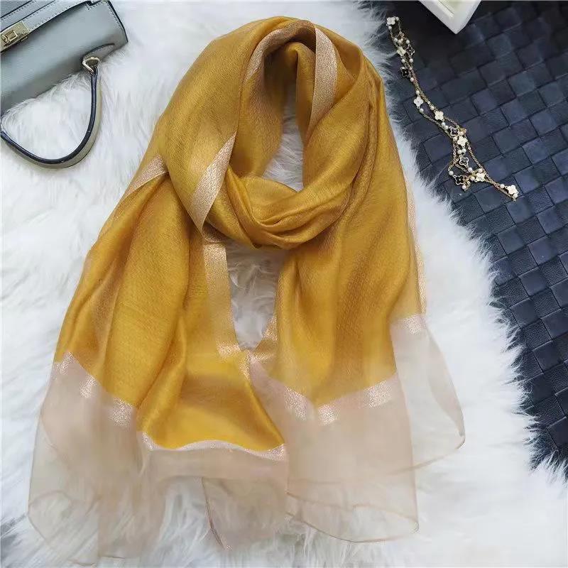 Women's Autumn and Winter Mulberry Silk Scarf Fine Silk Scarf Pure Color Striped All Match Shawl Warm Gauze Scarves Elegant Wrap Shawl Thermal Scarf