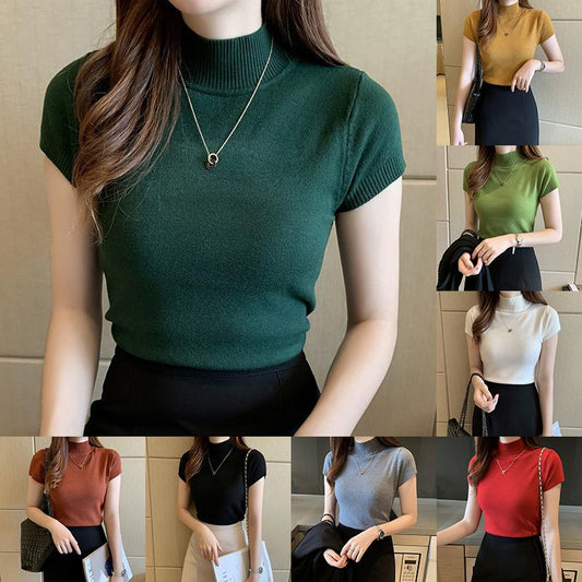 Spring and Summer Half Turtleneck Bottoming Shirt T-shirt Women's Half-sleeved Knitted Sweater Inner Sweater Short Slim Top