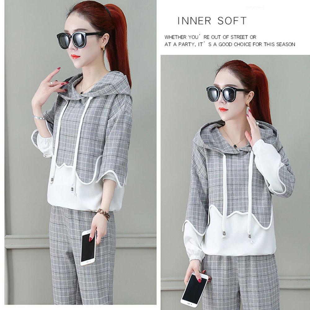 2pcs/set Women Sweatshirt Set Drawstring Plaid Sweatshirt Hoodies+Pants 2 Piece Set Women's Sports Suit Female Sportwear Hoodies Suit