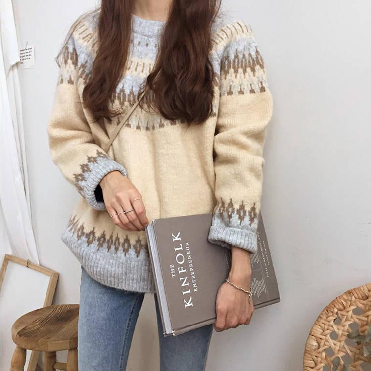 Pofulove Retro Thick Rhombus Woven Jacquard Knitted Loose Sweater Women Autumn Winter Wear