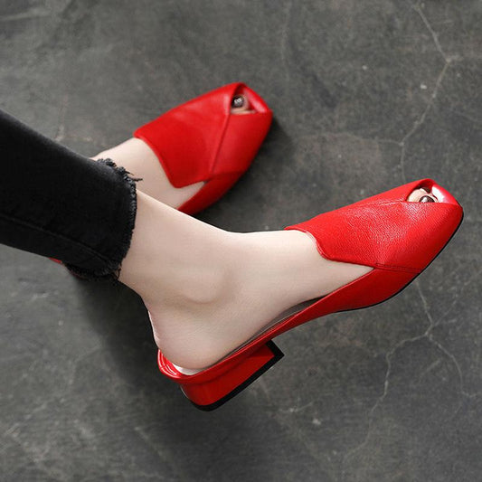 Leather Yellow Sandals and Slippers Women Summer Open-toed Flat Fish Mouth Fashion All-match Thick Heel Half Slippers