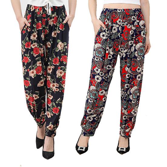 Women's Summer and Autumn Large Size Pants Loose Printed Jogger Pants High Waist Thin Casual 2pcs Cropped Pants