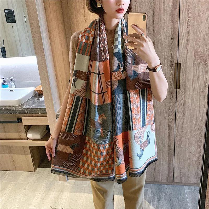 Winter Women's Cashmere Scarf Double-sided Printing Oversized Shawl Lengthened Thick Scarf Shawl