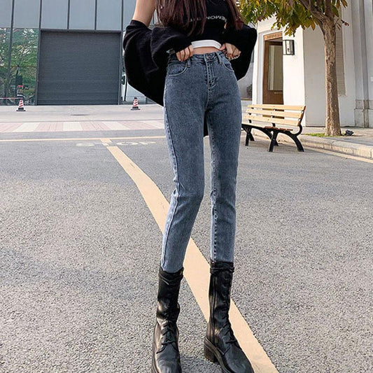 Blue Jeans Women's High Waist Autumn Thin Section Slim Fit and Thin Elastic Leggings Pencil Pants Student Raw Edge Nine-point Pencil Pants