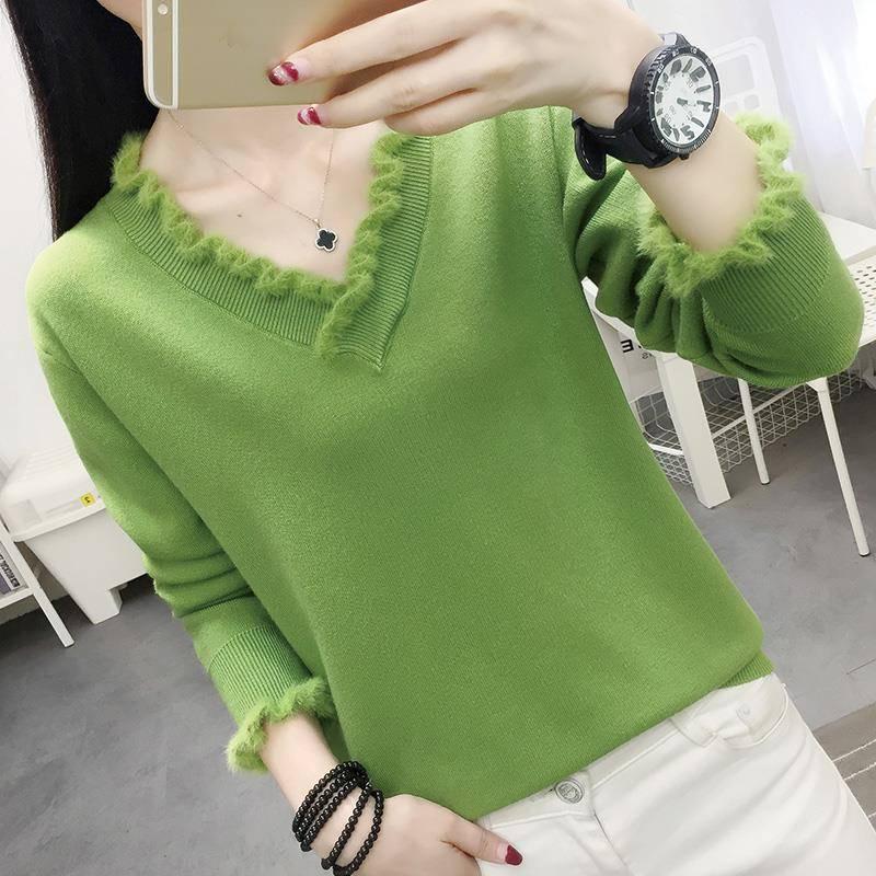 Solid Color Wild V-neck Sweater Knitted Bottoming Long-sleeved Loose Pullover Sweater