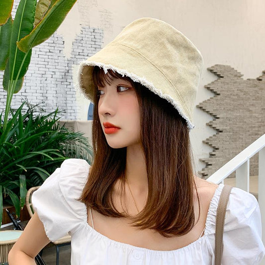 Casual Bucket Hat Personality Edging Washed Denim Female Korean Fashion All-match Sun Hat