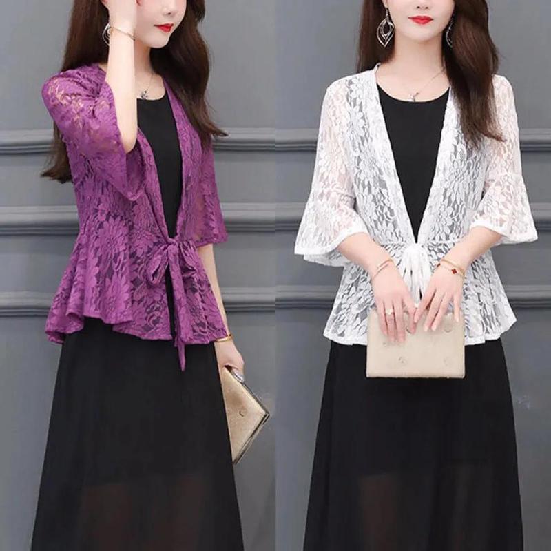 Trumpet Sleeve Shawl Women Summer Thin Sunscreen Lace 3/4 Sleeves Large Size Top