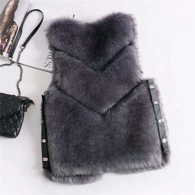 Autumn Winter Warm All-match Fur Vest Women's Leather Jacket Fashionable All-match Imitation Faux Fox Fur Waistcoat Stitching  Vest Short Jacket Slim