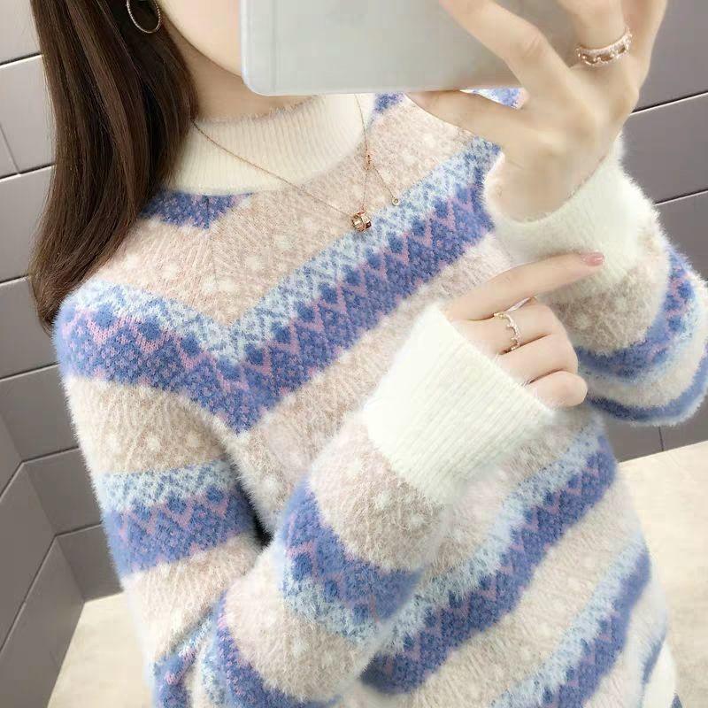 Autumn and Winter Mohair Loose Sweater Casual Jacquard Knitted Bottoming Shirt Thickened Pullover Women's Sweater