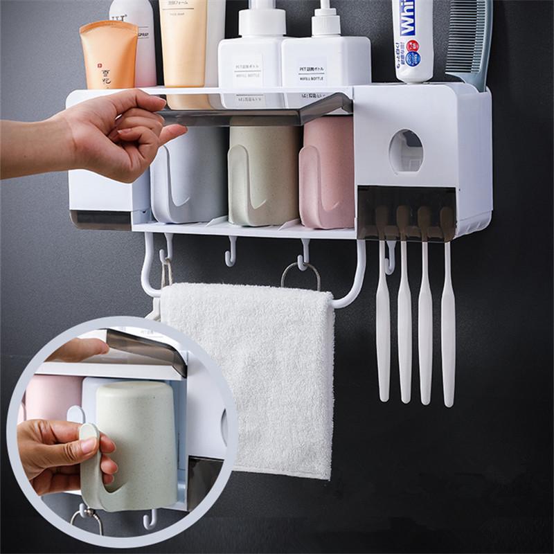 Dust-proof Wall-mounted Toothbrush Holder Set with Towel Rack Toothpaste Squeezer Cups