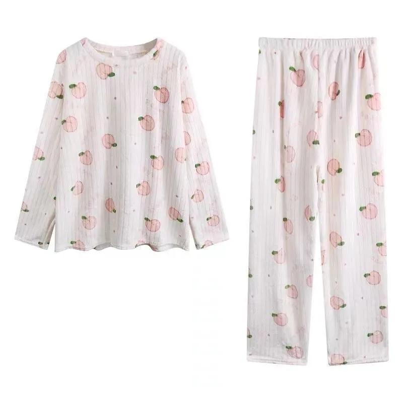 Cute Sweet Long Sleeves Pajamas Set Coral Fleece Warm Printing Stripes Sleeping Suit Women Casual Home Clothes Suit