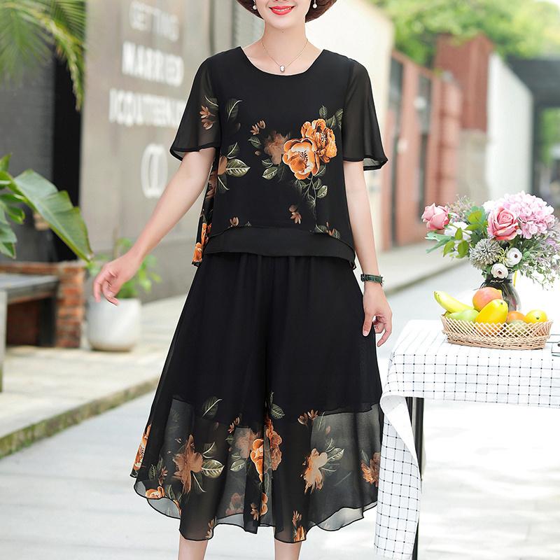 WTEMPO Middle-aged Women's Plus Size 2pcs Chiffon Shirt Pants Suit  Spring and Summer Short Sleeve Loose Casual Printing Two-piece Set