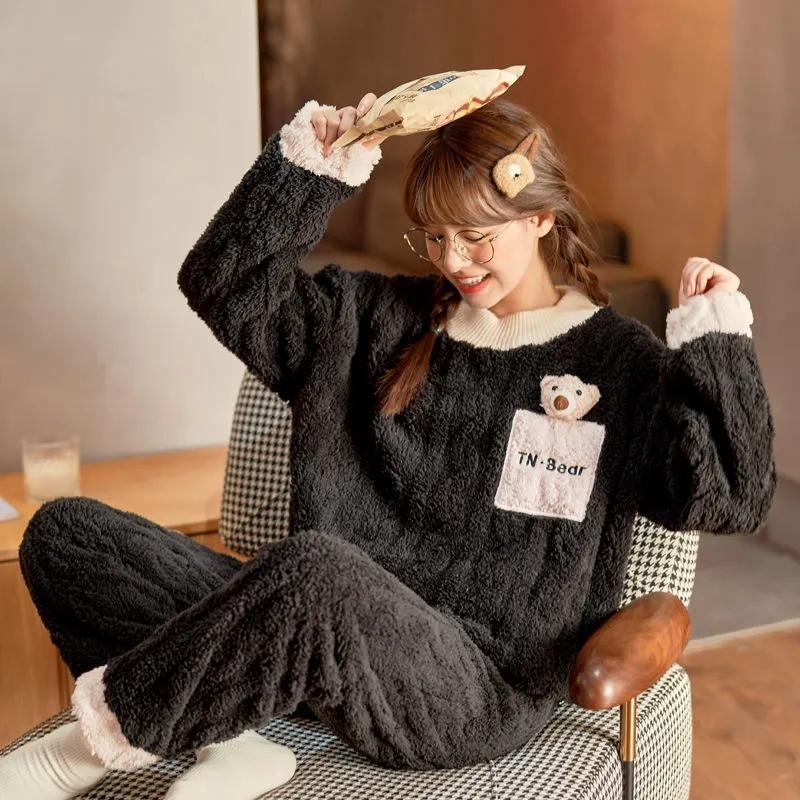 Women Cartoon Cute Pajamas Thick Warm Sleepwear Girls Home Nightwear Set Velvet Soft Crew Neck Pullover Top and Pants Suit