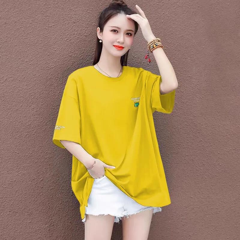 Pure Cotton Large Size White T-shirt Ladies Split Short-sleeved Loose Summer Dress Fat Girls All-match Top