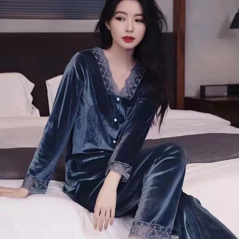 Women's Gold Velvet Pajamas Set Spring Autumn Sexy Lace Pyjamas Suit Out Wear Loose Comfortable Solid Color Thin Velvet Homewear Winter Sleeping Suit