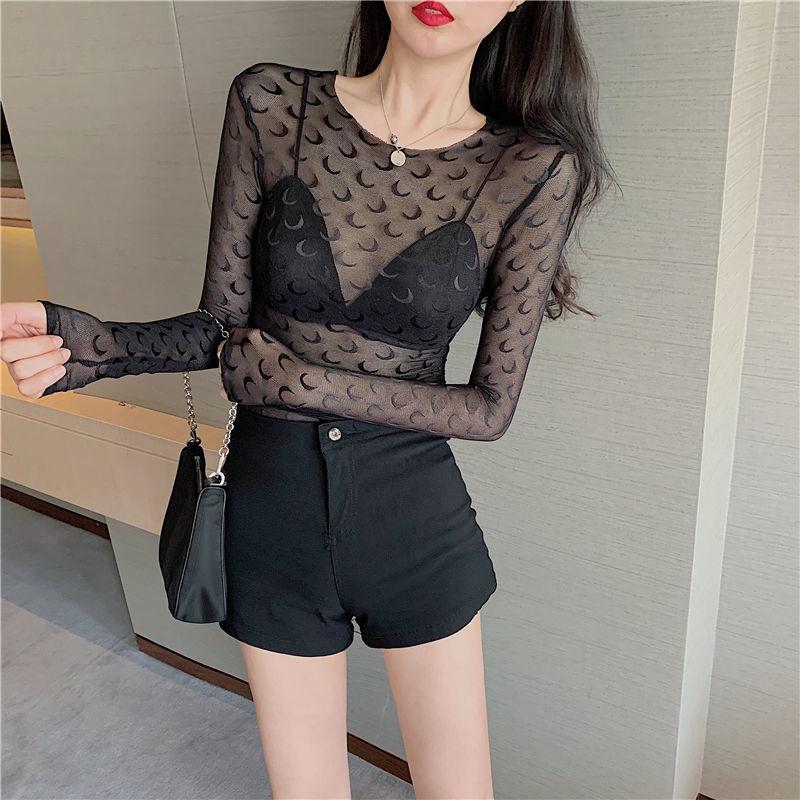 Women Sexy Harajuku Mesh Tops Long Sleeve See Through T Shirt Transparent Moon Print T-shirt Slim Basic Pullover