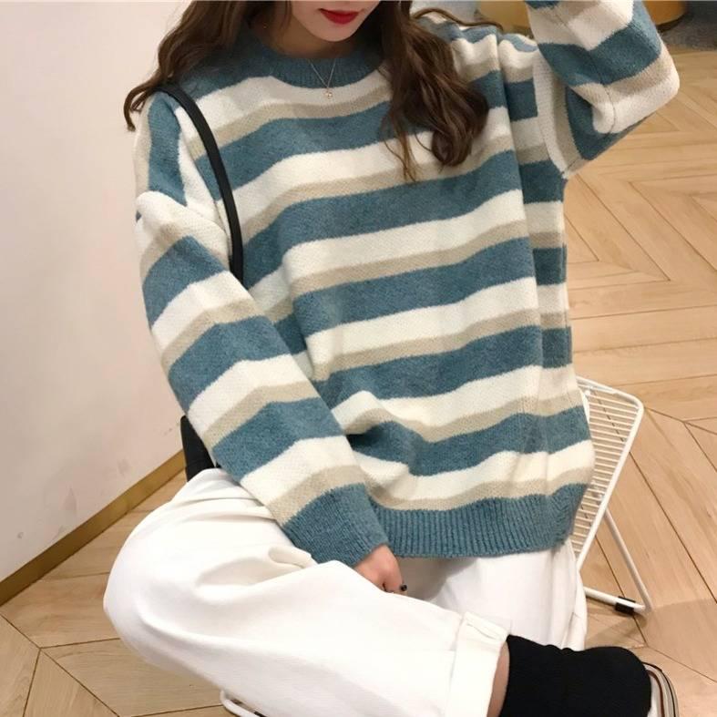 Pofulove  Hit Color Striped Sweater Women Korean Lazy Loose Was Thin Bottoming Sweater Fashion