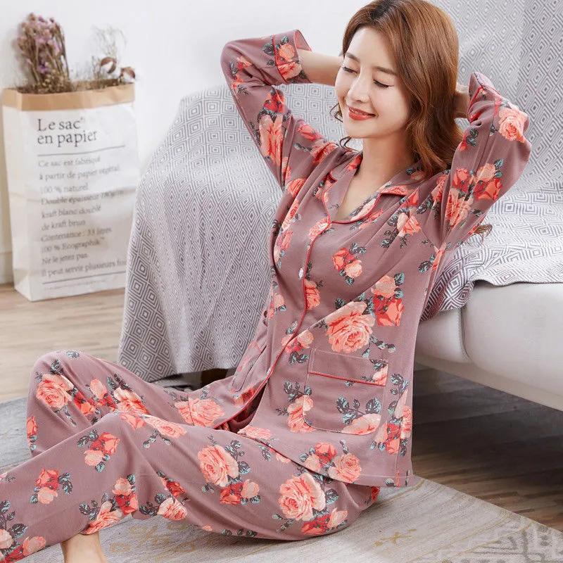 Women's Spring Autumn Long-sleeves Thin Pajamas Set Comfortable Casual Printing Korean Style Cute Cardigan Two-pieces Lapel Loose Homewear Loungewear