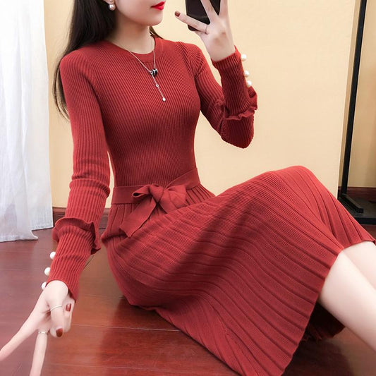 Long Knit Shirt Over The Waist Waist Long Sleeve Round Neck Sweater Bottom Skirt  Women's Clothing