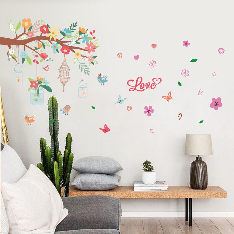 Pink Romantic Bird Cage Flower Colorful Tree Removable Wall Sticker Waterproof Wallpaper