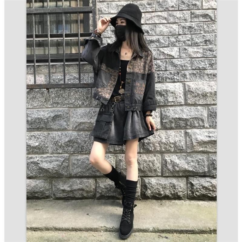 Vintage Black Leopard Women Denim Jacket Spring Harajuku Punk Jean Jackets Coat Boyfriend Loose Pocket Fashion Streetwear