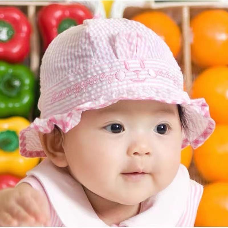 0-7M Infant Baby Spring and Summer Cotton Cap Rabbit Ear Plaid Boy and Girl Baby Newborn Sun Hat Windproof Hat Fisherman Hat