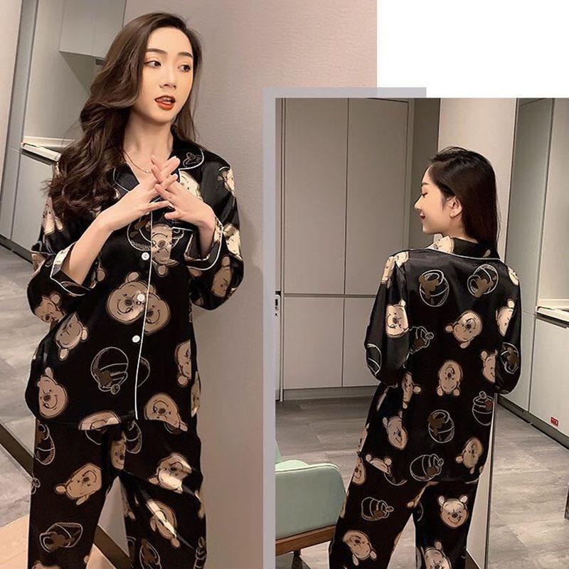 Spring and Autumn Ice Silk Long-sleeved Thin Women's Pajamas Sexy Korean Style Cute Spring and Summer Plus Size Two-piece Suit