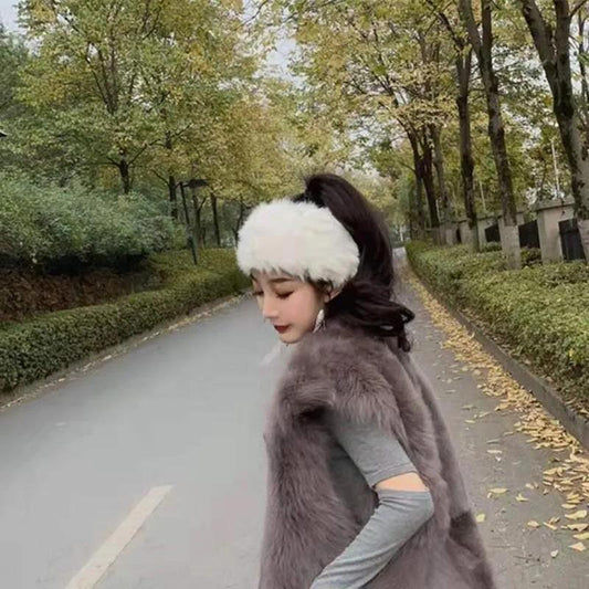 Women's Retro Fur Rabbit Hair Blend Plush Fur Hairband Empty Top Hat Warm Wide-brimmed Fur Hairband Top Cap Outer Wear All Match Hats