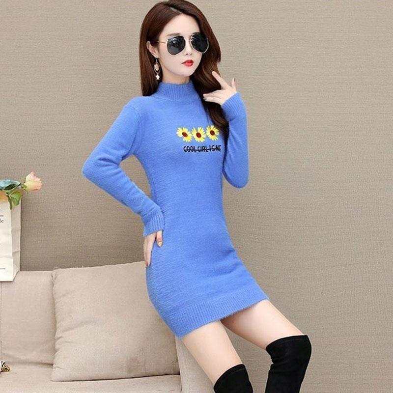 Autumn and Winter Mohair Knitted Sweater Half High Neck Thick Loose Bottoming Shirt Mid-length Casual Women Sweater Dress