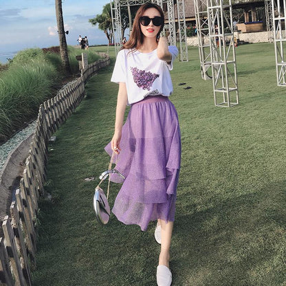 Suit Clothes Fairy Skirt Suit Super Fairy Net Yarn Cake Long Skirt Two-piece Sweet and Cute Purple Skirt Round Neck Short Sleeve T-shirt Skirt