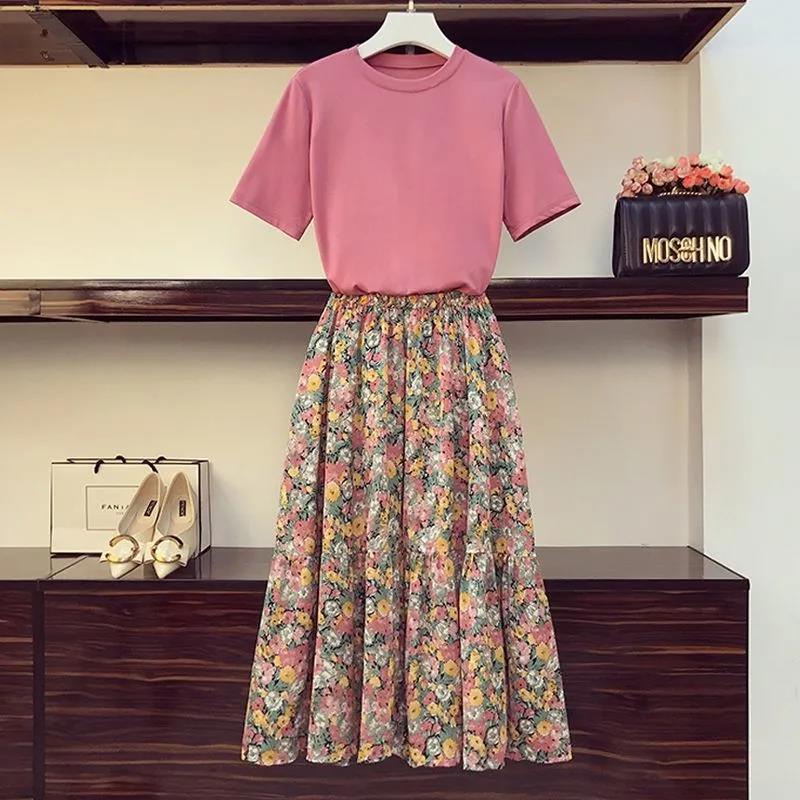 Women Summer 2 Pieces Skirt Set Pink Short Sleeve T-shirt & High Waist Floral Print Mid-length Pleated Skirt Women Casual Skirt Suit