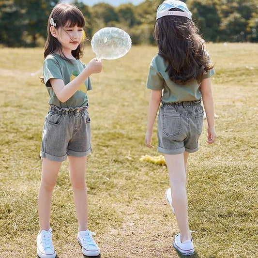 2PCS Children Clothing Set Spring Summer Girls Suits Printing Korean Hollow Out Short Sleeve Tops + Hole Pants Clothing Set