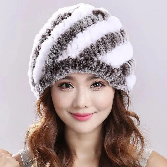 Rex Rabbit Fur Hat Female Winter Thickened Warm Hat Fashion Color Striped Plush Hat