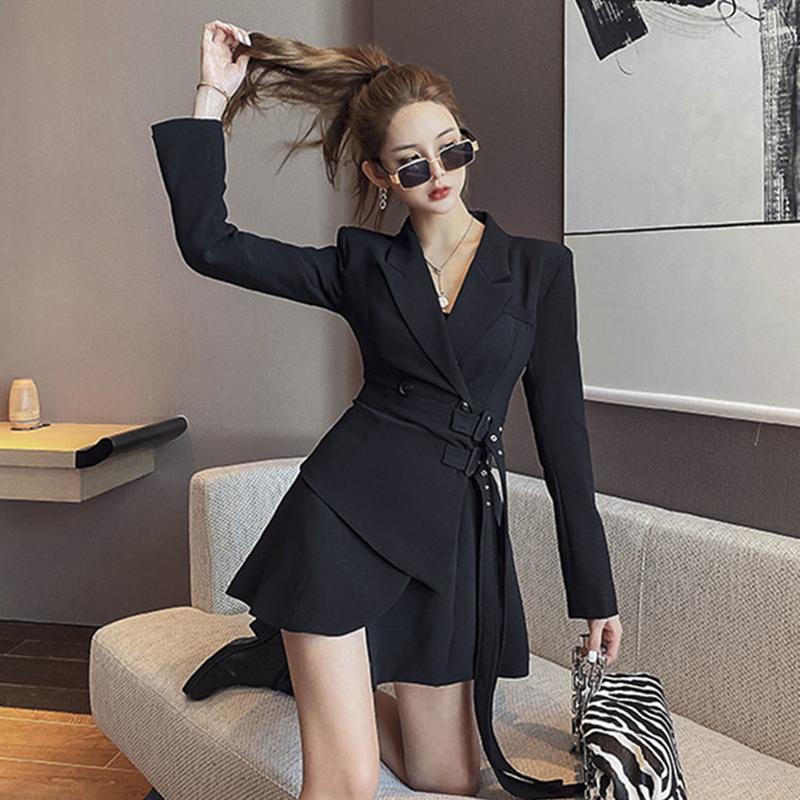 Temperament Fake Two-piece Lace-up Waist Slim Personality Suit Dress Female Autumn Korean Style Long Sleeves