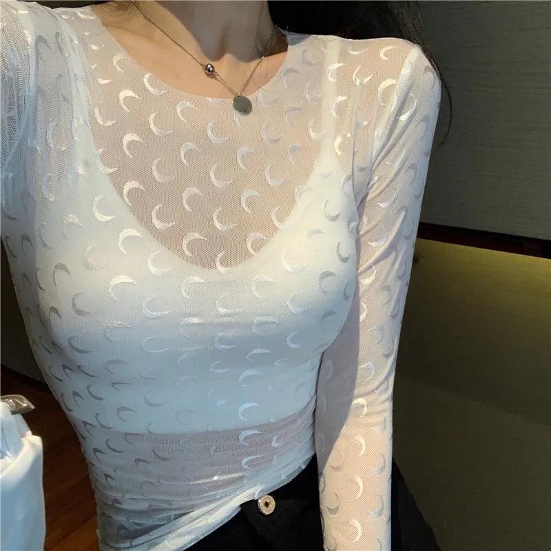 Women Sexy Harajuku Mesh Tops Long Sleeve See Through T Shirt Transparent Moon Print T-shirt Slim Basic Pullover